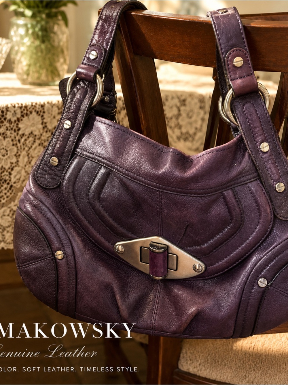 B. Makowsky Genuine Leather Shoulder Bag Purse Brown Slouchy Hobo